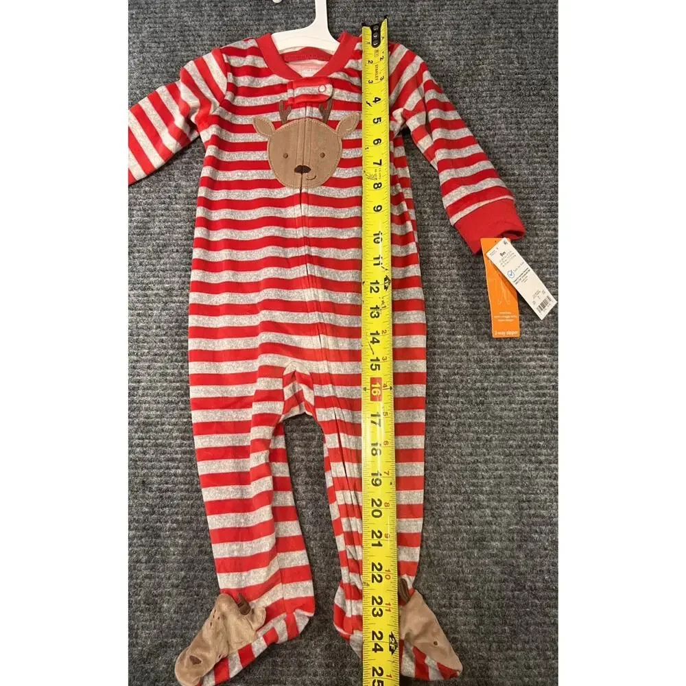 Carter's 9M Red/Gray Fleece Footed Reindeer One-Piece Sleeper 2-Way Zip